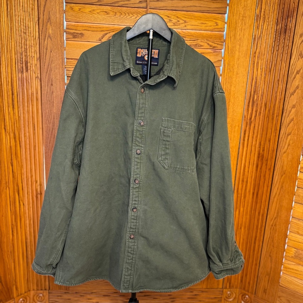 Duluth Trading Co Mens XL Tall Olive Green Fleece Lined Canvas Shirt Jacket